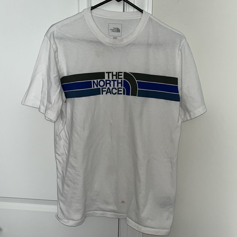 North Face White Half Dome Stripe Hiking Trail Running Circular Design T-Shirt L